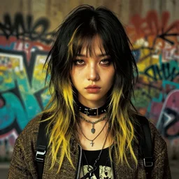 highly detailed portrait of a moody sewerpunk young adult lady with a harris tweed holdy by atey ghailan, by greg rutkowski, by greg tocchini, by artgerm, by ross tran, by j c leyendecker, gradient yellow, black, brown and cyan color scheme, grunge aesthetic!!! ( ( graffiti tag city background ) )