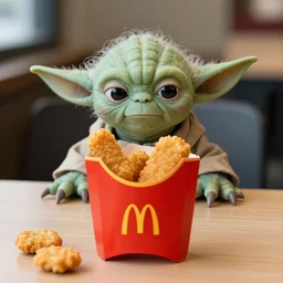 yoda, annoyed, yoda sitting behind a table inside mcdonald's, small red cardboard box, yellow m logo on box, chicken mcnugget, 3 5 mm, f / 2. 8
