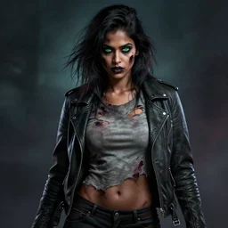epic professional digital airbrushed portrait art of an attractive and athletic,  very slightly curvy, mid-20s East Indian supermodel emo female zombie wearing a slightly torn tee shirt under a leather jacket, with deep green eyes, scary portrait, walking dead, best on artstation, cgsociety, wlop, Behance, pixiv, cosmic, epic, stunning, gorgeous,, masterpiece by Dorian Cleavanger and Stanley Lau