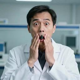 portrait of shocked scientist with a fly mouth, white lab coat