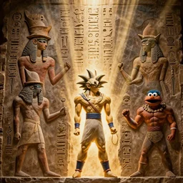 an 8 k hi res well lit dynamic volumetric lighting god rays 8 0 mm photo of hieroglyphics of zardoz and goku and orcs and jim henson and hercules
