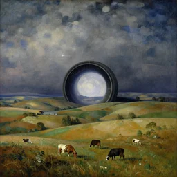 intergalactic stargate portal in the middle of a quiet countryside, with rolling hills and peaceful grazing animals in the foreground by isaac levitan and filippino lippi, style of fractal landscape
