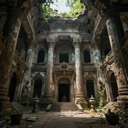 The interior of an mytical and ancient temple in ruins. By Konstantin Razumov, highly detailded