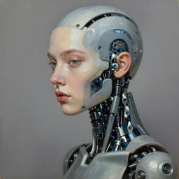 half woman half robot fashion model close - up, hyperrealism oil painting, matte