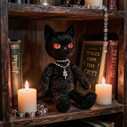 black cat-style voodoo doll in an occult shop shelf sitting near unlit candles, books and glass beads, style of horror comic book like Tales from the Crypt, volumetric lighting, highly detailed