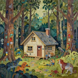 a cabin in the woods with creatures by matthew forsythe, detailed, intricate, paper collage, oil on canvas by chuck groenink, moebius