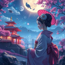 detailed 風 景 + luminescent 背 景 + scenery artwork 厚 塗 り, artstation!! pixiv!! coloful geisha in foreground!!