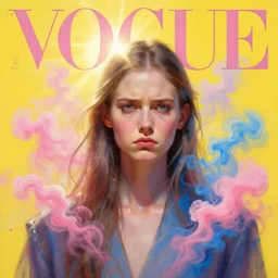 3 d, pink and blue smoke, sun rays, frown fashion model, poster art, high detail, intricate oil painting, multiple exposure, yellow mood, glare, hyperrealism, 3 d, vogue cover style, by tooth wu and wlop and beeple and greg rutkowski