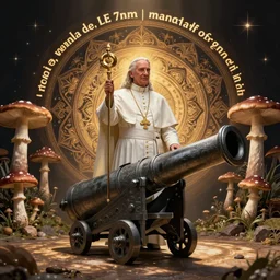 “female pope, cannon LE 70mm | mandala of magic mushrooms in the background”