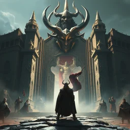 the hero viking stands triumphantly as he enters the majestic gates of valhalla, highly detailed, digital painting, artstation, smooth, sharp focus, masterpiece, stunning concept art by ruan jia and jakub rebelka and artgerm and greg rutkowski and ralph mcquarrie and android jones and mucha