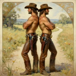 a homoerotic painting, greg rutkowski, alphonse mucha j. c. leyendecker of two attractive hairy cowboy gunslingers in love standing back to back | bandoliers, shirtless, leather clothing | natural lighting, path traced, highly detailed, high quality, digital painting, by bill ward, trending on artstation