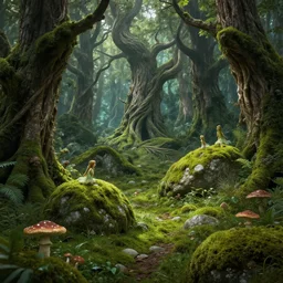 ancient forest, faeries, moss landscape, lush, mushrooms, stones, mysterious, intricate, hyper detailed, artstation, concept art, smooth, sharp focus, ray tracing, vibrant, photorealistic