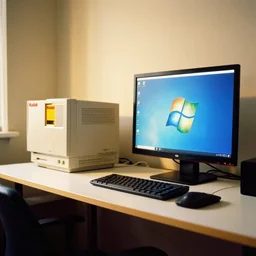 kodak portra 4 0 0 photographic and realistic, a modern room with a computer on a desk and a monitor showing windows xp, detailed, octane render, unreal engine, 4 k, artstation, hyper realistic, wide angle, 3 5 mm, sharp focus, warm light, in the style of gregory crewdson