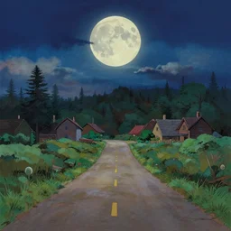 empty village runway panorama in the woods with dramatic sky and giant moon, painting by pixar disney ghibli gouache painting