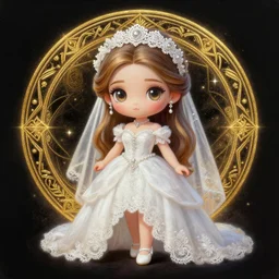 a portrait of girl bride in wedding dress, white lace headband, white shoes, gold magic, magic circle, fantasy, dungeons and dragons, an ultrafine detailed painting, chibi, detailed painting, boris valejo. octopath traveler decal!!!