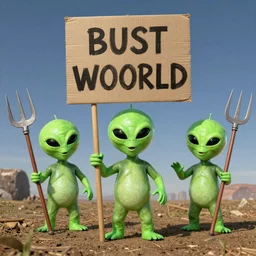 alien babies taking over the world holding pitchforks protesting
