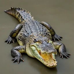 a majestic crocodile with mouth open looking into camera. full body subject. intricate, matte painting. concept art by greg rutkowski.