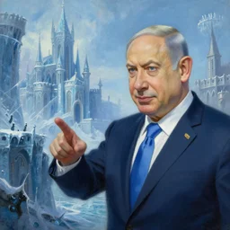 insanely detailed painting of benjamin netanyahu exploring a medieval icy kingdom in background, by ted nasmith