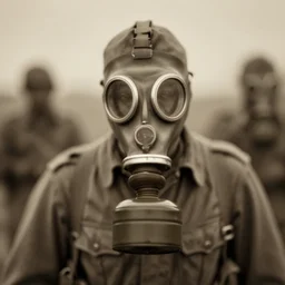 WWI soldiers wearing WWI gas masks, sepia, faded, blurry, blurry, blurry, creepy