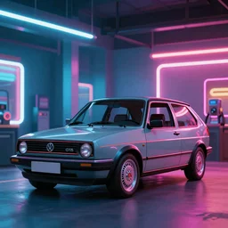 stylized poser of a single 1985 Volkwagen GTI, thick neon lights, ektachrome photograph, volumetric lighting, f8 aperture, cinematic Eastman 5384 film