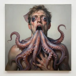 a perfect hyperrealist painting of a man engulfed in squid, tentacles down his throat, in his mouth, coming out his eyes. fine art, gallery lighting, solemn, and exquisite