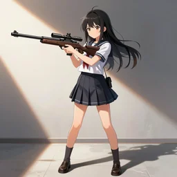 anime, full body, cute, female, a cute girl wearing a school uniform and holding a sniper rifle, gun fight, light and shadow effects, highly detailed, digital painting, art station, sharp focus, illustration, concept art, advanced digital anime art