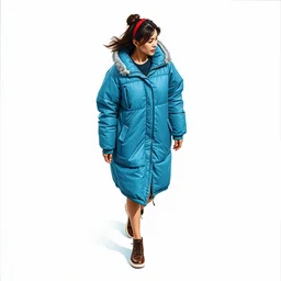 isometric of a woman walking wearing a puffy anorak by shusei nagaoka kaws, david rudnick, airbrush on canvas, pastell colors, cell shaded