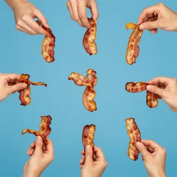 a pattern of hands holding fried bacon. surreal photograph, lo - fi, polished look, solid background, silly and serious, hermes ad, fashion photography, toiletpaper magazine by pierpaolo ferrari and maurizio cattelan, 3 5 mm photograph, colourful, david lachapelle, canon eos c 3 0 0, 8 k, medium - format print