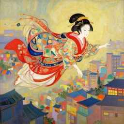 a beautiful painting of a geisha flying over a colorful city, - n - i 1 5 0 - s 3 3 1 1 6 5 7 0 3