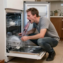 a man constructed from the parts of a broken dishwasher. he is crouching inside a refrigerator and a squid is emerging from his gaping torn mouth