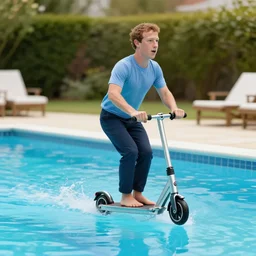 mark zuckerberg riding a scooter into the swimming pool, silly!