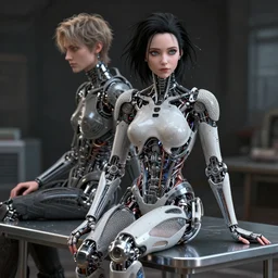 bjork cyborg - by tom bagshaw, sitting on a metal table by ilya kuvshinov, rtx rendering, octane render 1 2 8 k, maya, extreme high intricate details by wlop, digital anime art by ross tran, medium shot, close up shot, composition by sana takeda, dramatic lighting by greg rutkowski