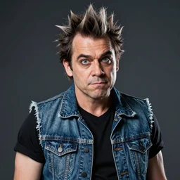 a maniac in a denim vest named spike. exaggerated features. digital art. harsh lighting.