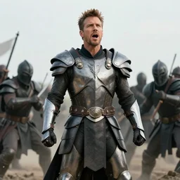 cinematic artwork of dave gahan wearing armor and singing in front of warriors fighting in battle by greg rutowski, 4 k, sun rays, masterpiece