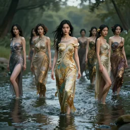 a full body shot of many asian girls in a river by artgerm, dynamic lighting, ray tracing, tom bagshaw, alphonse mucha, donata giancola, mary jane ansell, atmosphere, realism, octane render, dof, hyperdetailed, 8 k