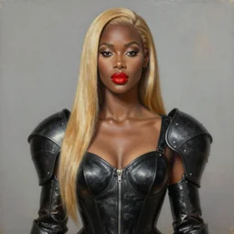 cold warrior portrait, mulatto, crossbreeding, beautiful face, beautiful features, red lips, long golden hair, black closed leather dress, leather armor, iron armor, alexander mcqueen clothing, very beautiful style, realism, oil, painting, edgard mcsons,