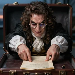 close detail portrait 18 century doctor in glasses, male, elegant, in suitcase, digital fantasy art, hands straight down, holding document file, evil eyes, insane,  under light, at late evening by greg rutkowski and thomas kinkade, Trending on artstation