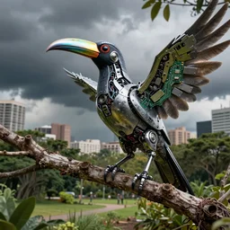 tropical bird with chrome beak and robotic scifi metal wings perched on a tree branch, lush city park, daytime, intense storm clouds, city background, electronics circuit board and wires, panels and rivets, grunge and dirt, sharp details, octane render, designed by giger and tesla