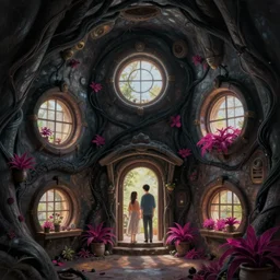 concept art painting of a interior of a cozy alien fantasy cottage, circular windows, with black vines and magenta houseplants, realistic, detailed, cel shaded, dark, in the style of makoto shinkai and greg rutkowski and james gurney
