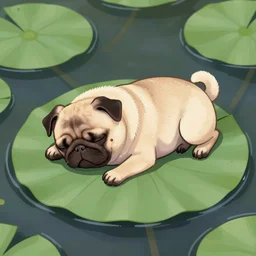 adorable pug sleeping on a lily pad leaf grown in a pond in a dark forest, detailed illustration in dotted, black and white, in the style of gustave dore's dante's inferno