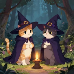 a drawing of two cats dressed as witches, a storybook illustration by natasha tan, pixiv contest winner, furry art, official art, wiccan, storybook illustration