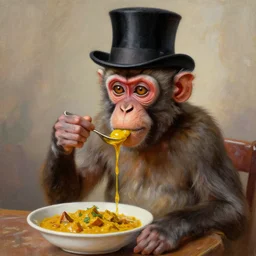 a monkey with a top hat eating curry oil painting hyper - real trending on artstation