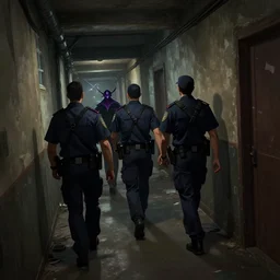 three policemen following a mage down a narrow dilapidated building hallway, dark lighting, long angle shot, league of legends anime, official league of legends art, background by greg rutkowski