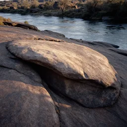 hidden clefts in the rock, bathed in sun, pleasing morning, appealing smooth flat rocky environment sunningrocks by the river's shore, sparse clearing, still placid environment matte painting from the fox and the hound ( 1 9 8 1 )