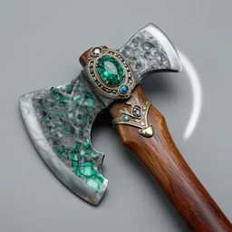 photograph of a real-life malachite axe with jewels.  Extremely detailed. 8k