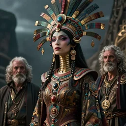 seductive, clothed science fiction mutant byzantine noble with long neck and elaborate aztec headdress, by boris vallejo and greg rutkowski