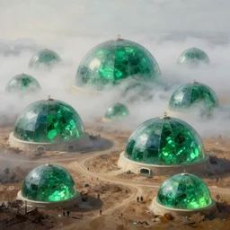 hyper detailed painting of giant domes made of bright, shining, vibrant green glowing emerald glass, sprawling across majestic parched plains in a thick fog, by francisco goya and rembrandt, unsettling, mysterious, by stephan martiniere and alexander fedosav, hyperrealism, 8 k resolution, behance hd, artstation, nightcafe
