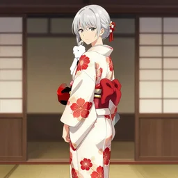 (beautiful) girl, silver hair, white kimono with complex red flower patterns, full body, looking to camera, showing her shoulder from back, ilustration by (Takehiko Inoue) (and Krenz Cushart)