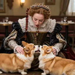 zombie young beautiful queen elisabeth the 1 st in a restaurant devouring corgis, 4 k