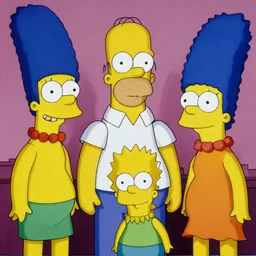 Portrait of Homer, Marge, Lisa, Bart and Maggie Simpson as a humans by Henri Cartier-Bresson,Tri-X ISO 400 film, 50mm F1. 2 Noctilux lens, shutter speed 1/125